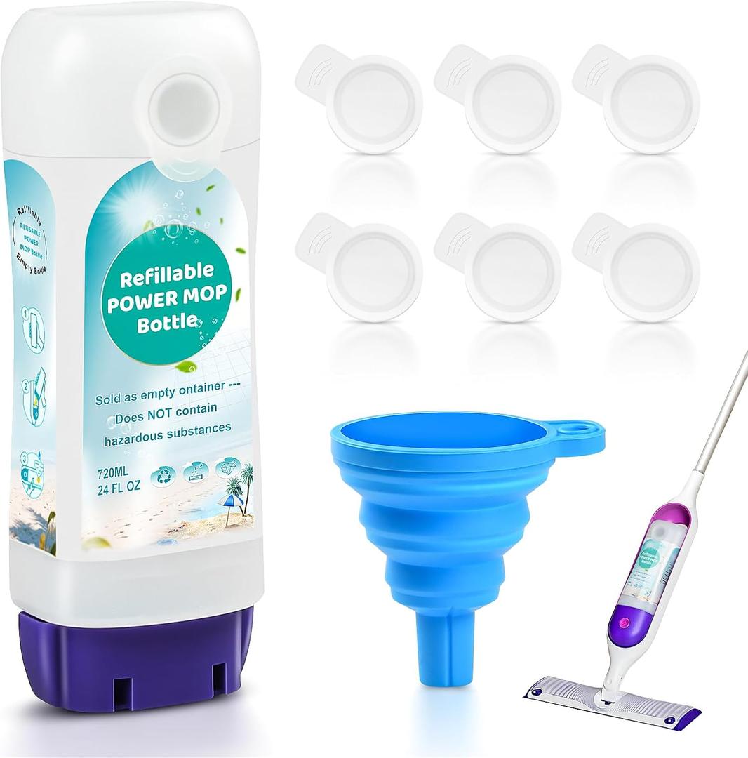 Refillable Bottle for Swiffer Power Mop - 24 FL.OZ Reusable HDPE Container with 6 Leak-Proof Seal & 1 Funnel, Easy Install for Use with Any Cleaning Solution
