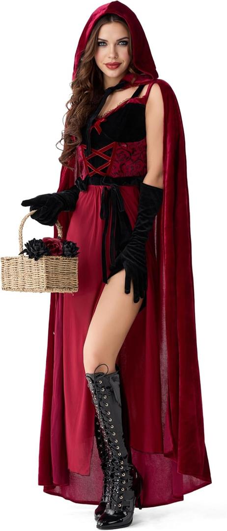 Spooktacular Creations Little Red Riding Hood Costume Women, Dark Red Velvet Dress Hooded Cloak for Fairy Halloween Parties (Small)