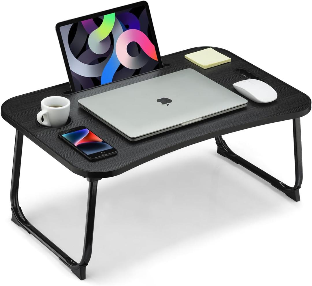 Foldable Lap Desk, Laptop Bed Desk, Portable Lap Table, Laptop Bed Table with Cup Holder & Tablet Slot & Lifting Handle for Working Writing Drawing & Eating - Black Wood