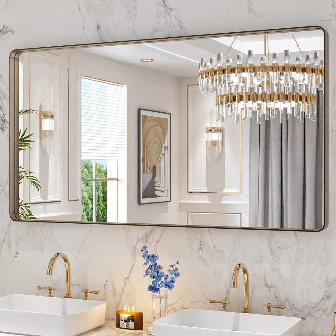 LOAAO 55X30 Bronze Bathroom Mirrors for Vanity, Rounded Rectangle Brushed Bronze Metal Frame Mirror, Anti-Rust, Tempered Glass, Hangs Horizontally or Vertically