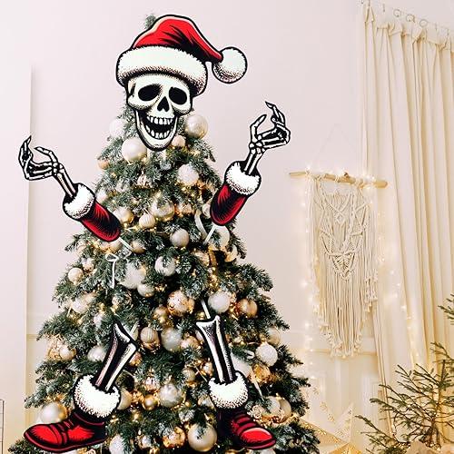 Soulchen 11 Inch Christmas Tree Topper Gothic Skull with Santa Hat Tree Topper Decor Christmas Trees Spooky Decor Skeleton Head Arms and Legs Ornaments for Home Funny Holiday Xmas Party Decorations