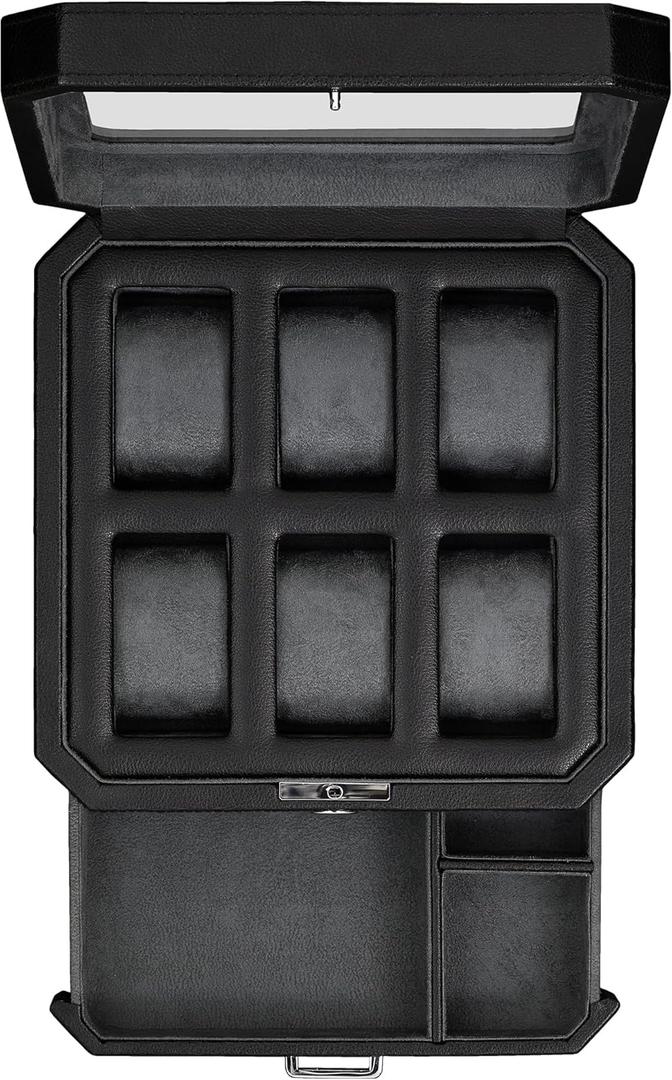 ROTHWELL 6 Slot Leather Watch Box with Valet Drawer - Luxury Watch Case Display Organizer, Microsuede Liner, Locking Mens Jewelry Watches Holder, Men's Storage Boxes With Large Glass Top (Black/Grey)