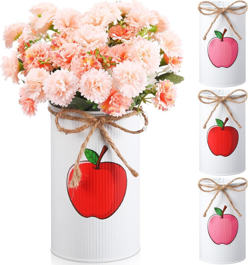 Domensi 4 Pcs Fall Apple Decorations Apple Vases Autumn Thanksgiving Table Centerpieces Galvanized Metal Vase for Flower Mason Jar Utensil Holder for Home Office Party Decor Teacher Appreciation Gift