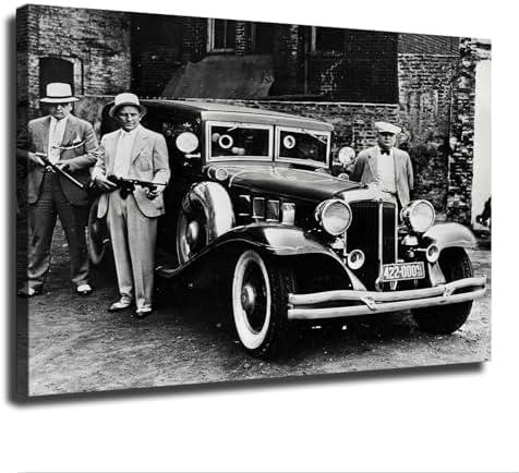 Gangster Wall Art Machine Gun Car Old Photo Black and White Retro Poster Canvas Print Inspirational Wall Decor Home Decor Art Aesthetic Hanging Painting (08×12inch_Framed)