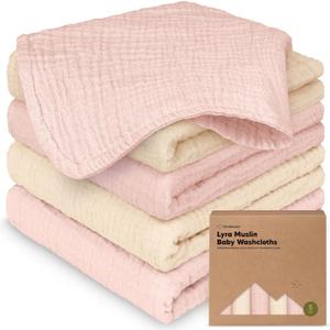 5-Pack Muslin Baby Washcloths for Newborn  12x12 Soft Absorbent Organic Cotton Muslin Wash Cloths for Babies Girl, Boy, Infant, Toddlers, Kids Face Towel, Bath Essentials,Baby Burp Rags(Cameo)