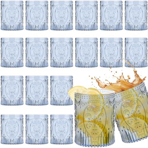 Qinyoung 24 Plastic Vintage Drinking Glasses 8.5oz Stemless Retro Embossed Wine Glasses Shatterproof Reusable Cups for Baby Shower Wedding Reception Grand Event Party (Blue)