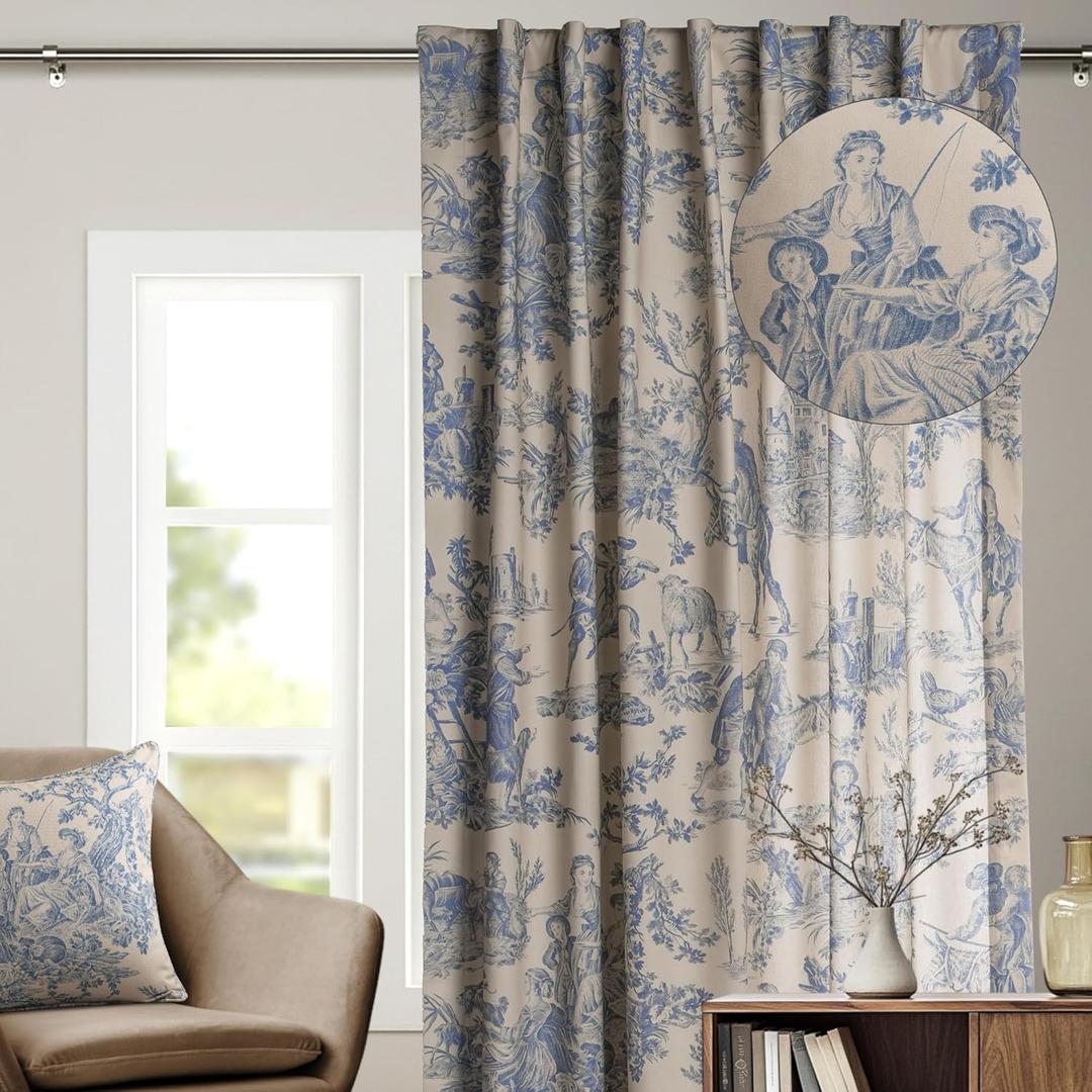 Maison d' Hermine Curtains for Living Room 100% Cotton 96 inch Length One Panel Light Filtering Toile Curtains for Bedroom Windows with Rod and Loop Pockets Drapes (The Miller Blue, 50" W x 96" L)