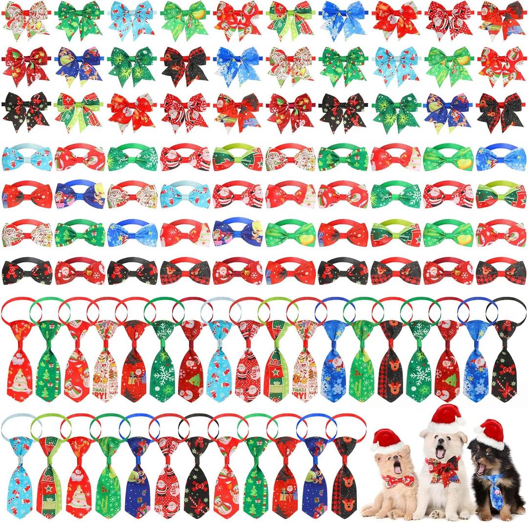 Huhumy 50 Pcs Christmas Dog Bow Ties Christmas Dog Collars Bulk Santa Claus Pet Collar Neckties for Small Medium Pet Cat Outfit Accessories Xmas Party Supplies