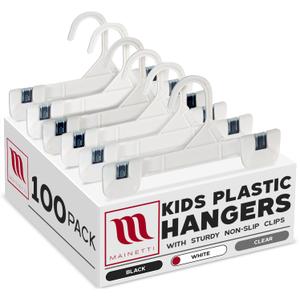 Mainetti Kids White Plastic Hangers 100 Pack | 8-Inch Pants Hangers with Clips Made from Sturdy Plastic | Great for Pants, Skirts, Slacks, Bottoms