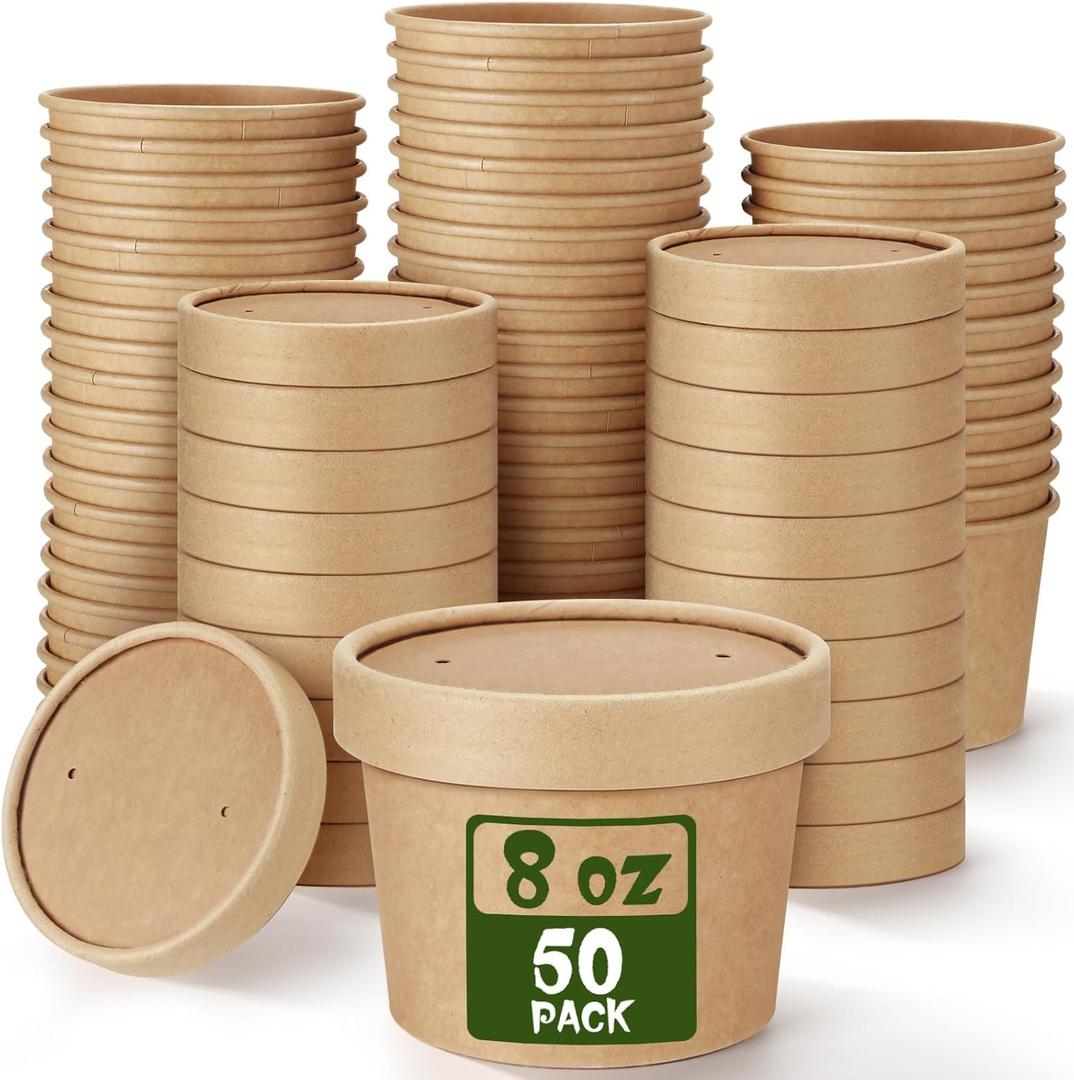 Fulmoon 50 Pack 8 oz Paper Soup Containers with Lids, Disposable Kraft Paper Soup Cups Ice Cream Bowls Food Storage with Lids, Microwavable and Freezer Safe (Brown)