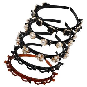 5Pcs Double Bangs Hairstyle Hairpin, Double Layer Twist Plait with Rhinestone, Korean Braided Headbands with Clips Woven Flower, Hair Accessories for Women Girls Women's Day (Black, Brown)