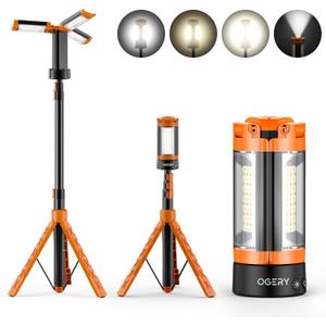 OGERY Rechargeable 10000mAh Camping Light with Stand 6.5 ft Max Height, Cordless Work Light with 3 LED Lamp Heads, 2200 Lumens Camping Essentials Gear Emergency Flashlight with Detachable Tripod (Orange)