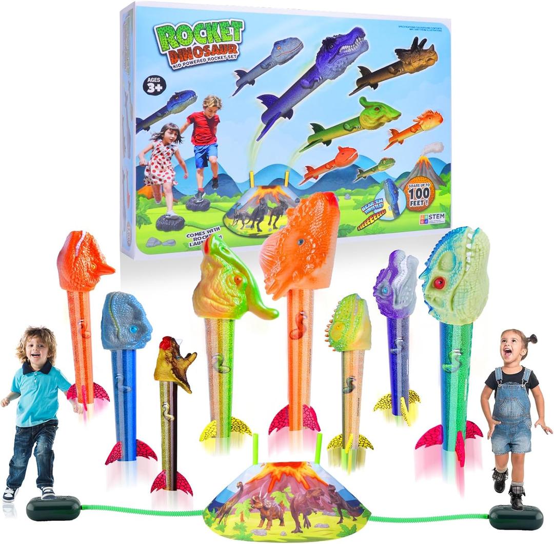 Gizzjoy Dinosaur Rocket Launcher for Kids - Launch Up to 100 Ft, 8 Rockets and 2 Pads for Multi-Player, Dinosaur Toys, Birthday Gift Ideas, for 3 4 5 6 7 Year Old Boys, Outdoor Outside