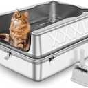 Extra Large Stainless Steel Cat Litter Box, 27.5" L x 19.7" W x 12" H XXXL Semi Enclosed Removable Metal Litter Tray with High Sided Enclosure, Scoop, Anti-Leakage, Non-Sticky, Easy Cleaning