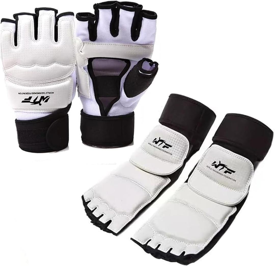Karate Boxing Half-Finger Gloves and Foot Guards, Taekwondo Karate Gloves & Sparring Gear Foot Protector Set, Kit for Martial, Punch Bag Kickboxing, Competition Sparring Gear (M)