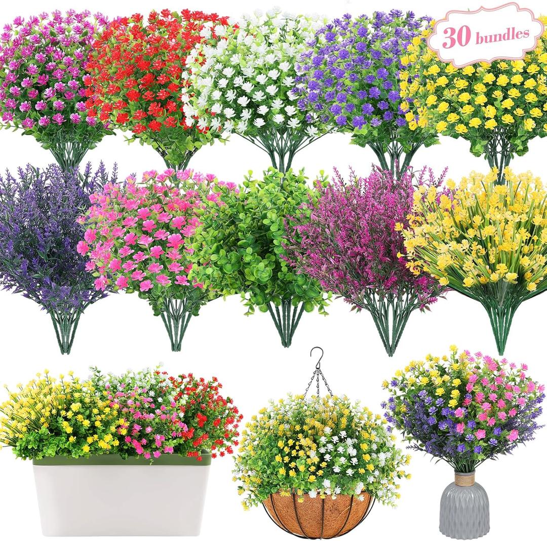30 Bundles Artificial Flower Set - Realistic Outdoor & Indoor Decor, UV-Resistant, Waterproof, No Fade, 7 Colors - Perfect for Wedding, Patio, Garden, Home Decor (14" Tall)