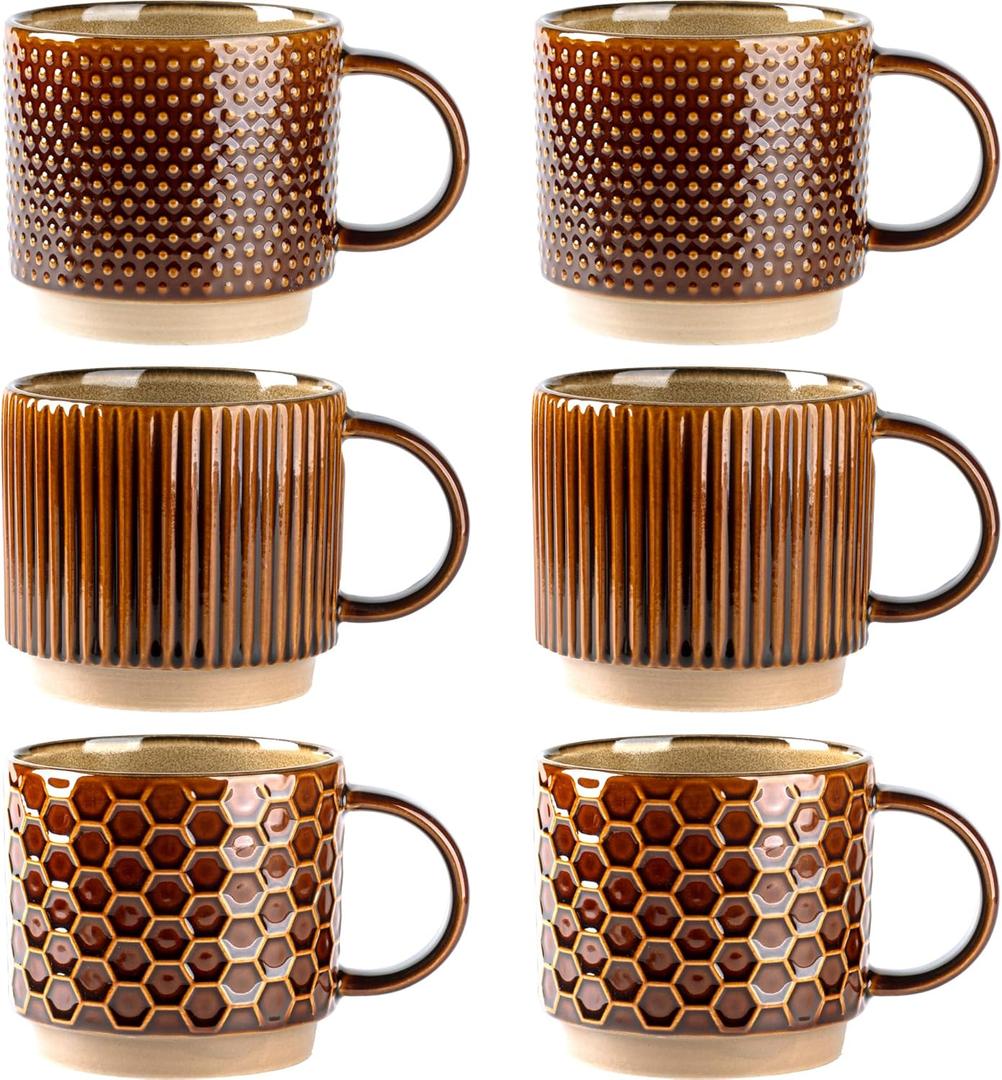 GBhome 12 OZ Stackable Coffee Mugs Set of 6, Ceramic Coffee Cups with Texture Patterns for Man,Woman,Dad,Mom, Modern Coffee Cups for Latte/Cappuccino/Cocoa. Dishwasher&Microwave Safe,Caramel