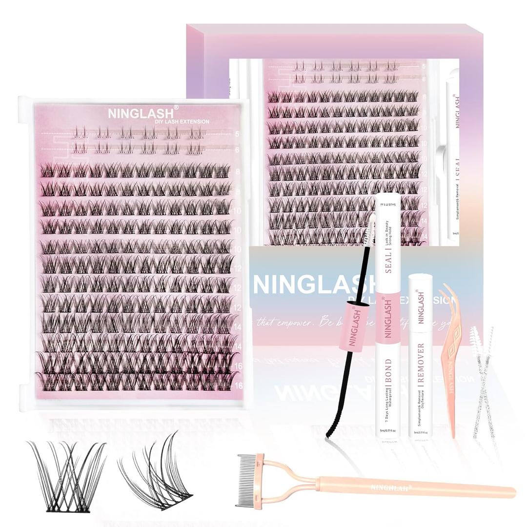 NINGLASH Vibes Lash Clusters Kit Wispy DIY Eyelash Extension Kit, Individual Lashes Kit Thin Band Natural Cluster Lashes 156 pcs, Lash Bond and Seal Lash Remover Lash Tweezers Comb Brush