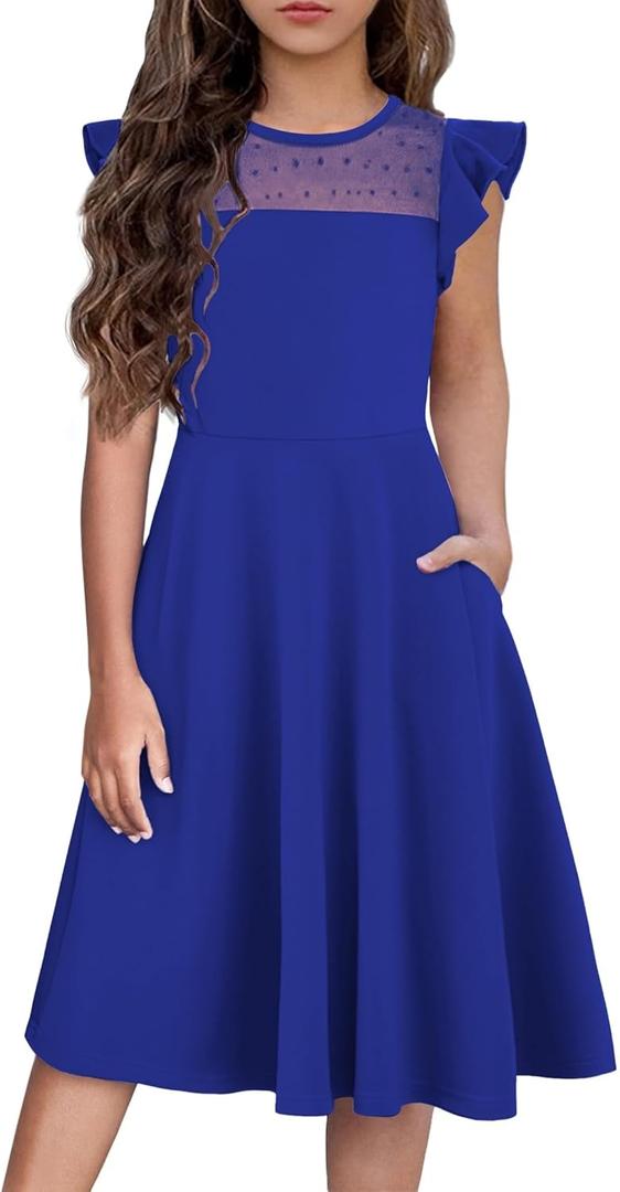 Flypigs Girls Dresses Summer Formal Party Wedding Ruffle Sleeve Mesh Knee Length A Line Dress with Pockets (Blue), Size 14-16