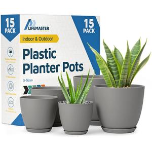Gray Plant Pots with Drainage Holes & Saucers 15 Pack, Indoor & Outdoor Stackable Space-Saving Planters for Houseplants & Flowers, (7", 6.7", 6", 5.3", and 4.8" Inches), Durable & Weatherproof