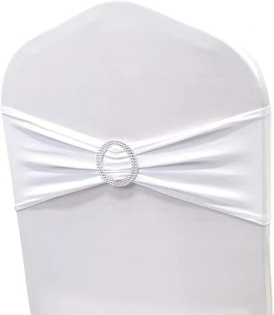 Albassa Chair Sashes Spandex Stretch Chair Bows with Buckle Slider for Wedding Party Decorations (White, 25PCS)