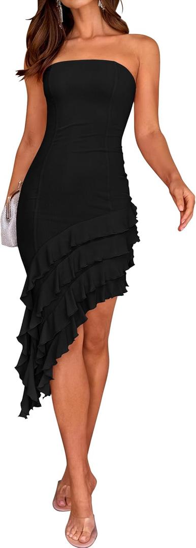 ZESICA Women's 2026 Summer Strapless Bodycon Tube Dress Sexy Off Shoulder Mesh Irregular Ruffle Backless Party Midi Dresses (Black, XL)
