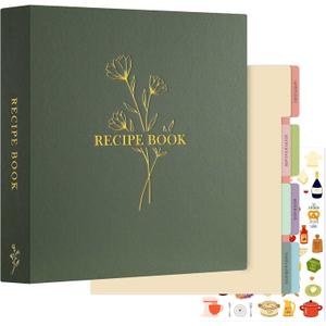 Lanpn Recipe Binder - 8.5x11, Waterproof, 60 Sleeves, 8 Dividers, 116 Family Recipes, Labels & Stickers, Green