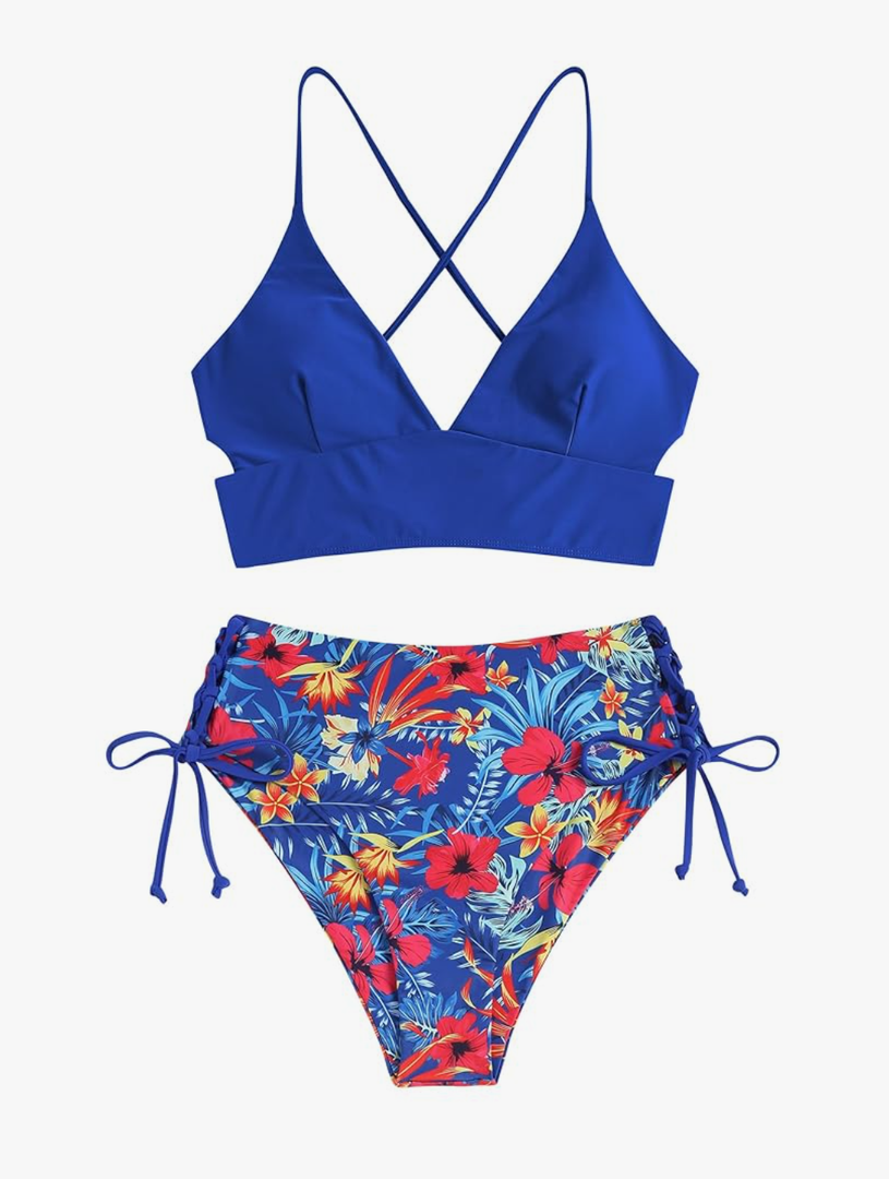 ZAFUL Women Tankini Set, Ribbed High Cut Surplice Swimsuit Bathing Suit with Spaghetti Straps, 4-d Blue, S