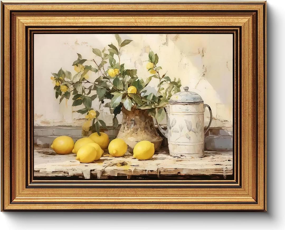 Myzoran Vintage Gold Framed Kitchen Wall Art,Yellow Lemon Still Life Wall Decor, Rustic Farmhouse Artwork, Antique Fruit Vase Picture, Canvas Prints Posters for Living Room Bedroom Decor 9x11 Inch