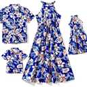 PATPAT Family Hawaiian Matching Outfits Mommy and Me Outfits Caribbean Vacation Summer Tropical Halter Sundresses and Shirts M, Deep Blue