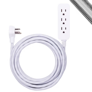 3-Outlet Grounded Extension Cord, Braided Cord Gray/White: Indoor Long Extention Cord, 16 AWG, 13 Amps