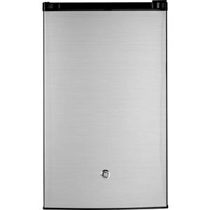 GE Mini Fridge With Freezer | 4.4 Cubic Ft. | Single-Door Design With Glass Shelves, In-Door Can Rack & Small Freezer | Small Refrigerator Perfect for the Garage, Dorm Room, or Bedroom | Clean Steel