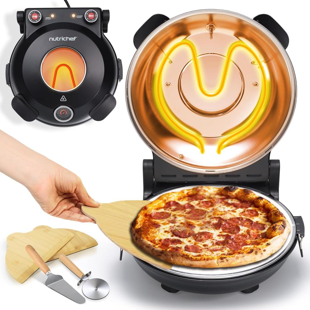 NutriChef Electric Pizza Oven | 1200W Countertop Pizza Maker with Temperature Control & Thermometer | Viewing Window for Precise Cooking | Heats up to 800F | Easy to Clean Non-Stick Coating (Black), 13.38" x 12.99" x 6.49"