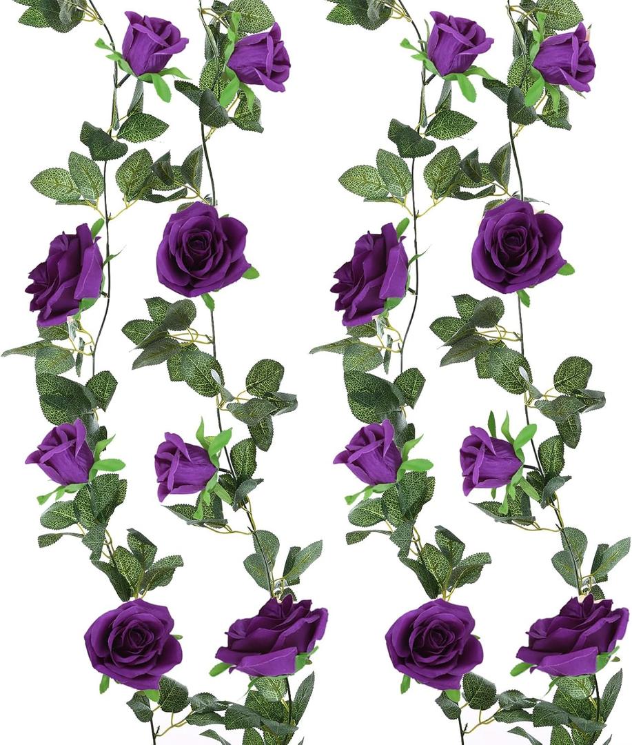 Felice Arts 2 Pack Dark Purple Artificial Floral Garland Each 6.5FT Fake Rose Vine Hanging Rose Garland for Wedding Flowers Table Centerpiece Arrangement Room Teepee Mirror Decor