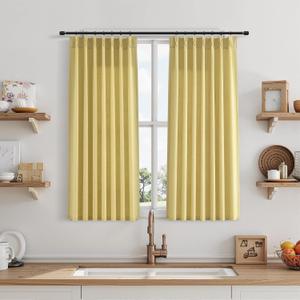 Yellow Linen Curtains 40 Inch Length 2 Panel Set for Small Windows Modern Rustic Country Linen Cotton Light Filtering Drapes Privacy Pinch Pleated Back Tab Semi Sheer Kitchen Curtains 40 Inches Long, 34"W x 40"L