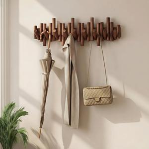 9-Hook Solid Wood Wall Mounted Coat Rack, Modern Entryway Organizer with 45 Angled Hooks,Folding Coat Hooks for Entryway,Bedroom,Living room,Piano Coat Rack for Hat,Coats,Bags,Key,Rustic Coat Hooks