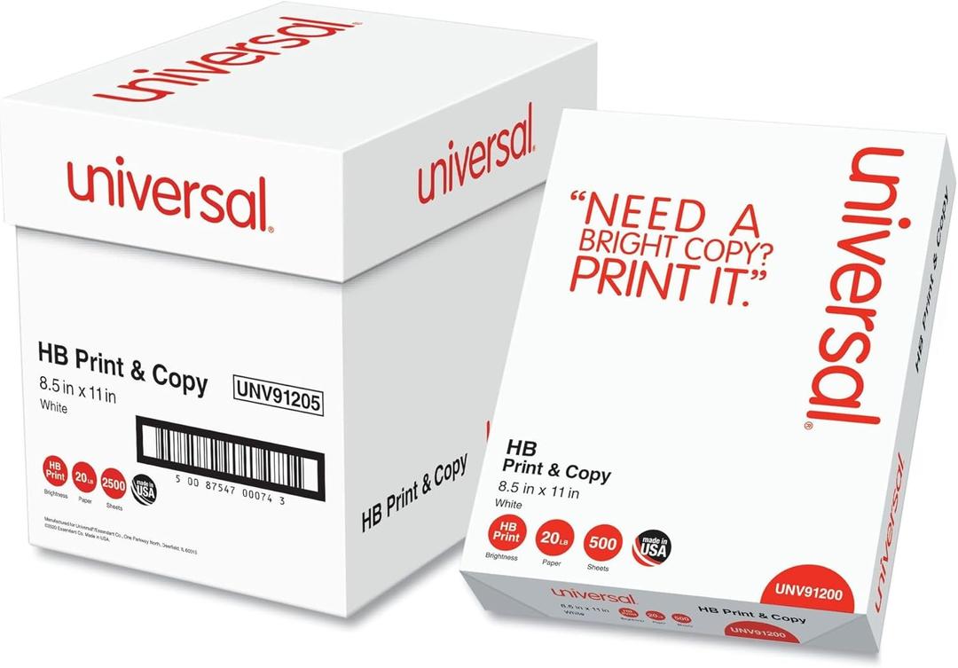 Universal Multipurpose Paper, 96 Bright, 20 lb Bond Weight, 8.5 x 11, Bright White, 500 Sheets/Ream, 5 Reams/Carton