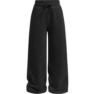 Girls Wide Straight Leg Loose Sweatpants Elastic Waist Drawstring Jogger Pants Black 11-12Y (Black)