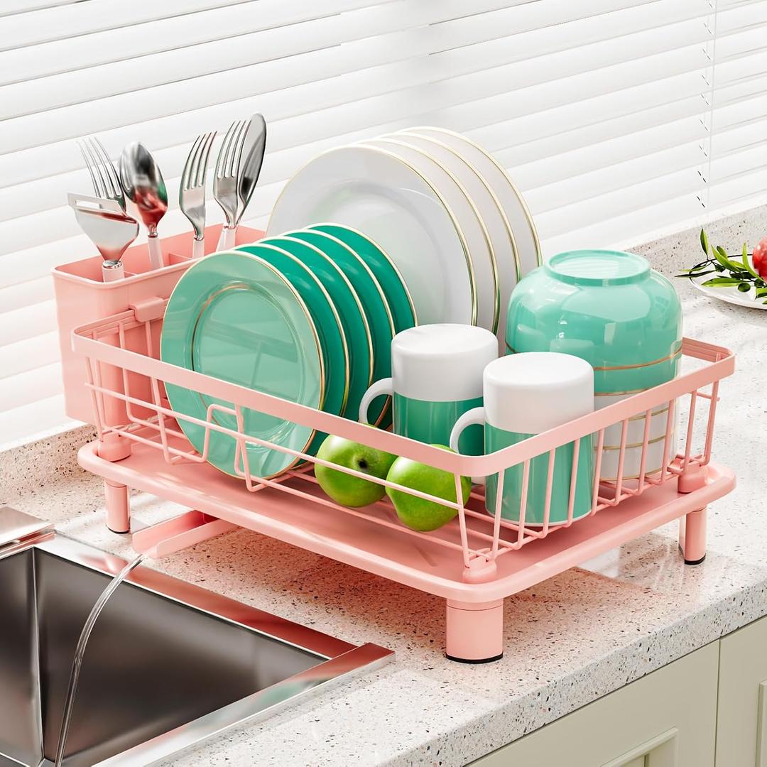 Small Dish Drying Rack, Space Saving Dish Racks for Kitchen Counter, Kitchen Organizer Dish Drainer with Cutlery Holder for Spoons and Forks, 11''W x 15''L, Pink