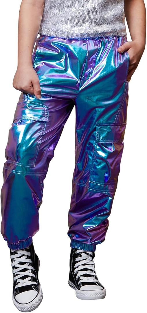Perfashion Metallic Cargo Pants for Girls & Womens Hip Hop Dance Multi-Pocket Joggers High Waist Pants XL