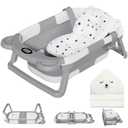MoreFeel Collapsible Baby Bathtub for Newborn with Thermometer & 1 Hooded Towel & 1 Soft Floating Cushion,Portable Travel Bathtub with Drain Hole, Durable Foldable Baby Tubs for Infants to Toddler (Grey)