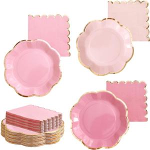 Winoo Design 48PCS Pink Plates and Napkins Disposable - 24 PK - Pink Floral Paper Plates for Tea Party Baby Shower Bridal Shower Birthday Wedding
