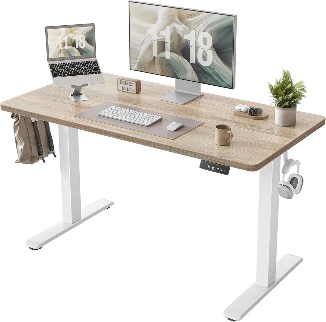 TIQLAB Height Adjustable Electric Standing Desk, 47 x 24 inch, Sit Stand Up Desk, Splice Board, Computer Home Office Desk, White Frame/Maple Top