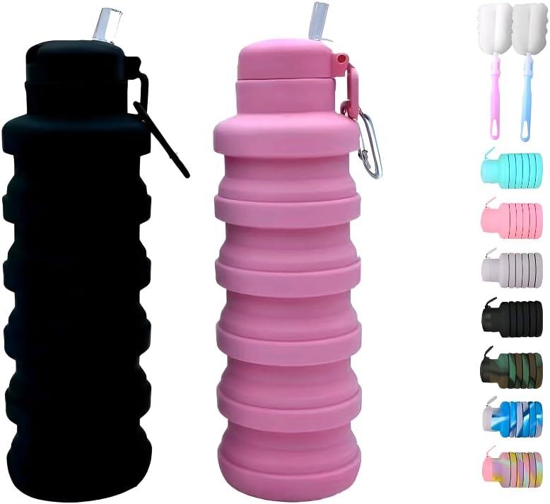 Collapsible water bottles 2 Pack with brush,BPA Free Travel Silicone Water Bottle with Carabiner,Reusable Foldable Portable Lightweight Sports bottles for Gym Camping Hiking (Black+Pink)