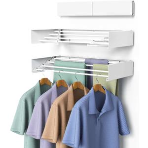 Laundry Drying Rack, Collapsible Wall Mounted Clothes Drying Rack - Drying Rack Clothing Foldable,Space Saving, 32" Wide, 13.2 Linear Ft, 5 Aluminum Rods, 60 lb Capacity (White, 32"), 31.5 Inch