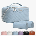 BOYATU Travel Makeup Bags for Women: Large Makeup Organizer - PU Leather Make up Bag Set of 3 - Portable Toiletry Bag with Compartments & Handle & Divider (L02 Light Blue)