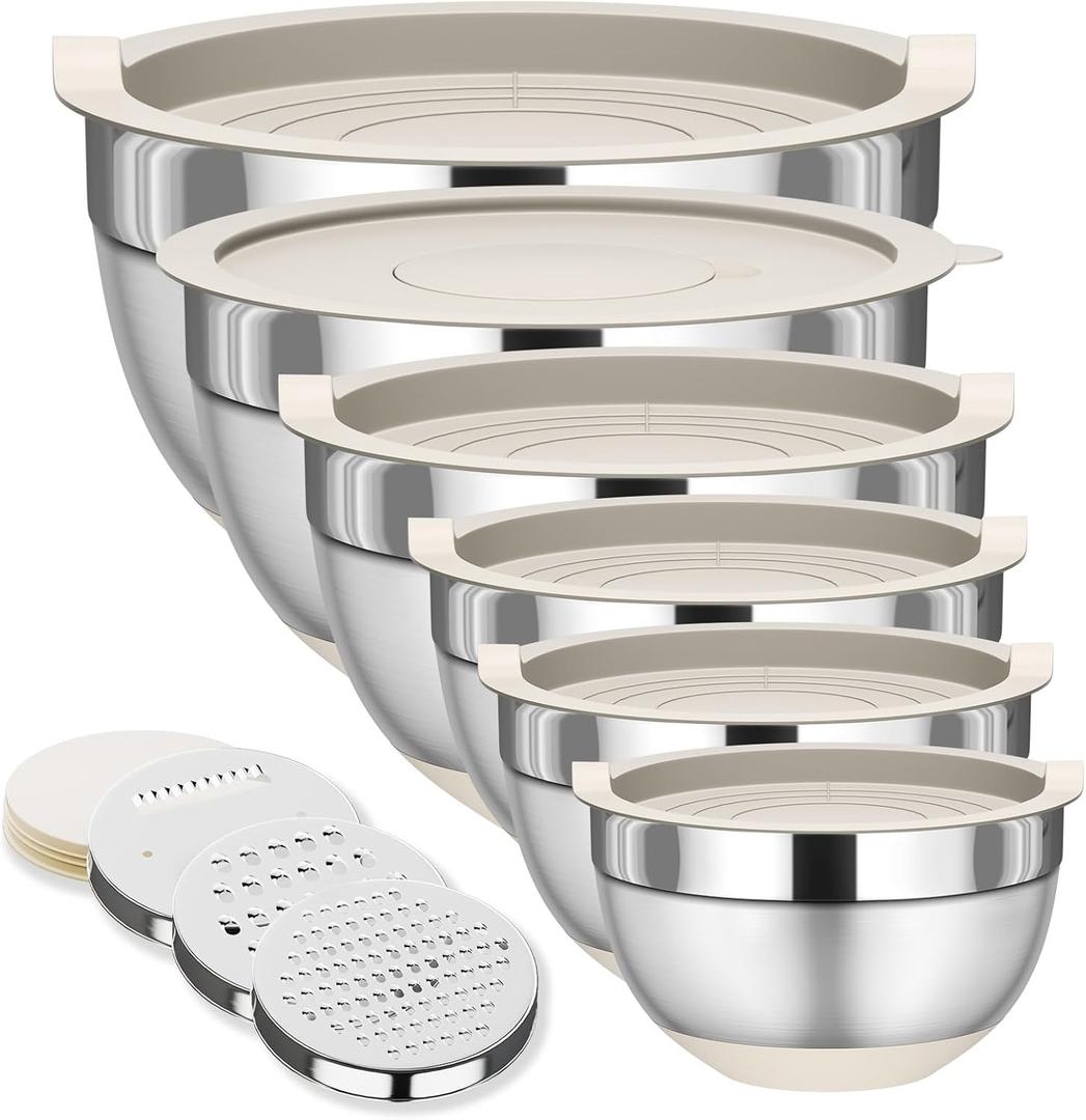 Mixing Bowls with Lids Set, 6 Piece Stainless Steel Nesting Storage Bowls for Kitchen, with 3 Grater Attachments & Non-Slip Bottoms, Size 5.5,3.5,2.5,2.1,1.5,1.1 QT (Khaki)