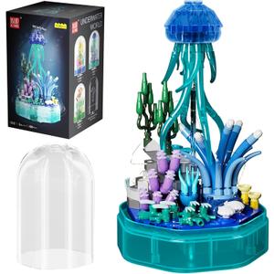 Sea Creature Collections Jellyfish Building Sets with Seaweed and Coral, 10101 Sea Animal Building Kits for Adults and Kid Boys Girls 8 9 10, 405 PCS Natural Style Ocean STEM Toy Music Box with Lights