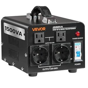 VEVOR Voltage Converter Transformer, 1500VA, Heavy Duty Step Up/ Down Power Transformer, Convert from 110V to 220V and 220V to 110V, with EU Outlets, US Outlets, Power Cord, Circuit Breaker Protection