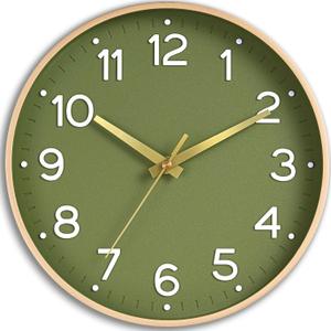Wall Clock Green, 10 Inch Silent Wall Clocks Battery Operated-Modern Non Ticking Analog Clock Decorative for Kitchen Bedroom Office Bathroom(Gold)